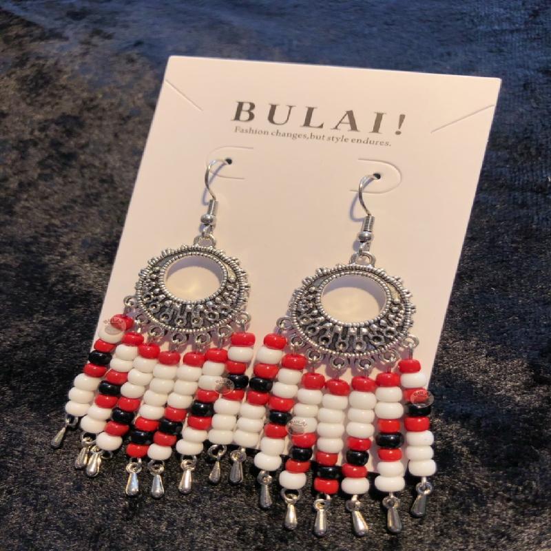 【BULAI！手作】串珠流蘇耳環 紅白色款商品圖